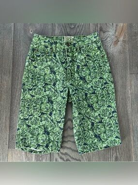 ESPIRIT Vintage 90s High Rise Green Floral Bermuda Denim Jean Shorts 26”
